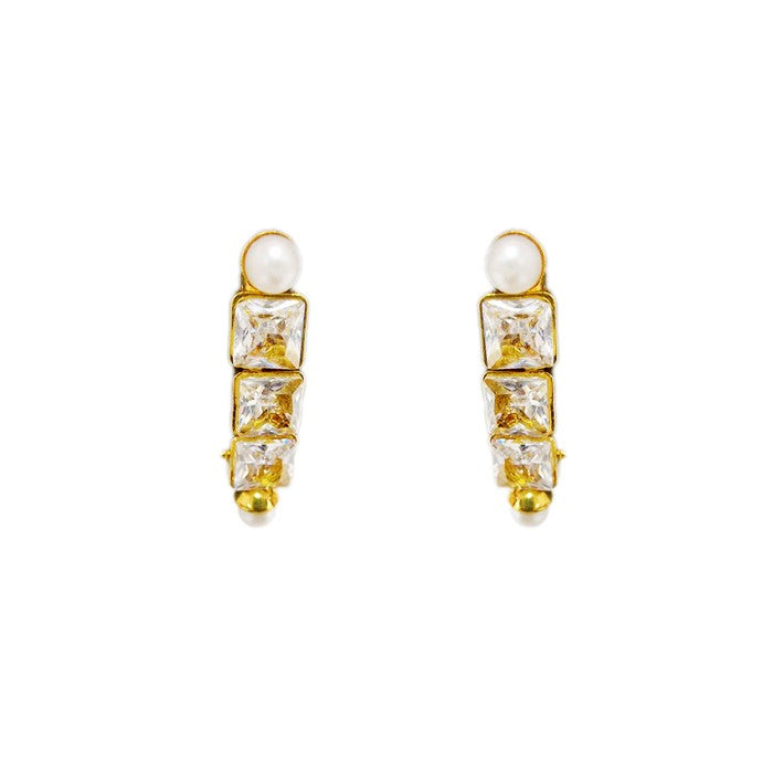 Gold plated three layer stud with white stone and pearls