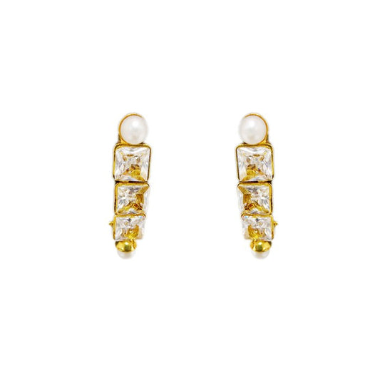 Gold plated three layer stud with white stone and pearls