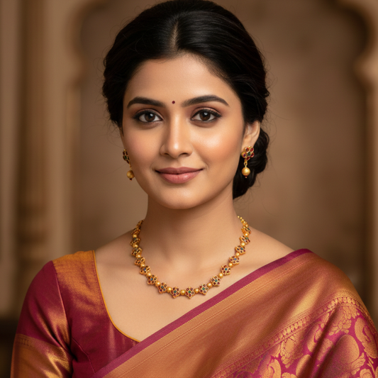 Red & Green Floral Design Necklace with Hanging Bead