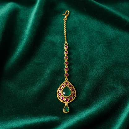 Kemp Red and Green Stones Maang TIkka