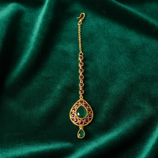 Kemp Red and Green Stones Maang TIkka