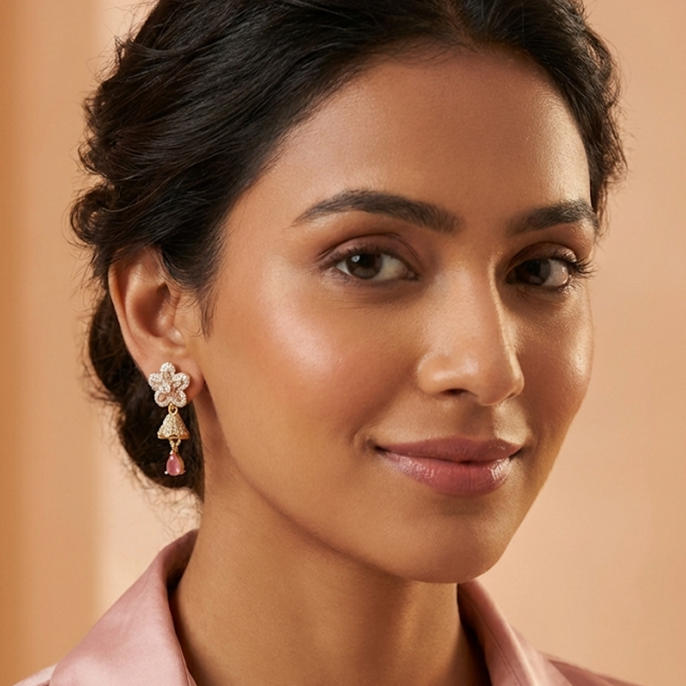 White Stone Flower Stud with Pink Jhumka