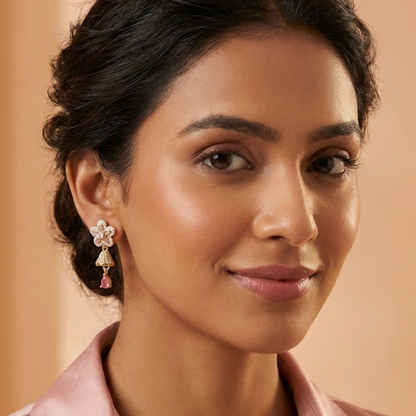 White Stone Flower Stud with Pink Jhumka