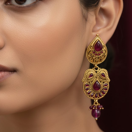 Kemp Stone Long Hanging Leaf Pattern Earrings