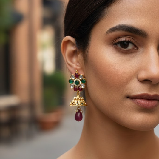 Red & Green with Kundan Stones Jhumka