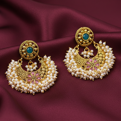 Hanging Pearls Red & Green Stones Chandbali