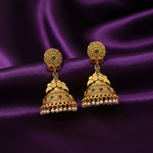 Gold Plated Jhumka With Red And Green Stone