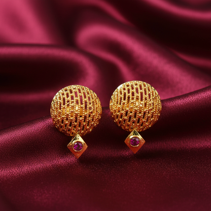 Unique Pattern Ball Stud with Red Stone