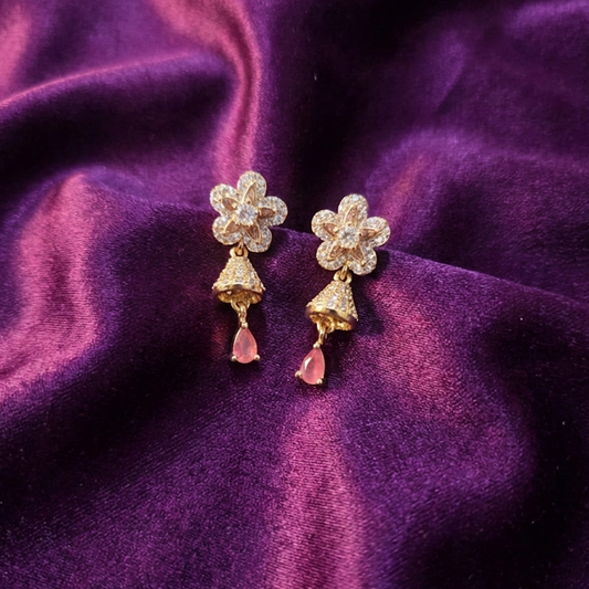 White Stone Flower Stud with Pink Jhumka