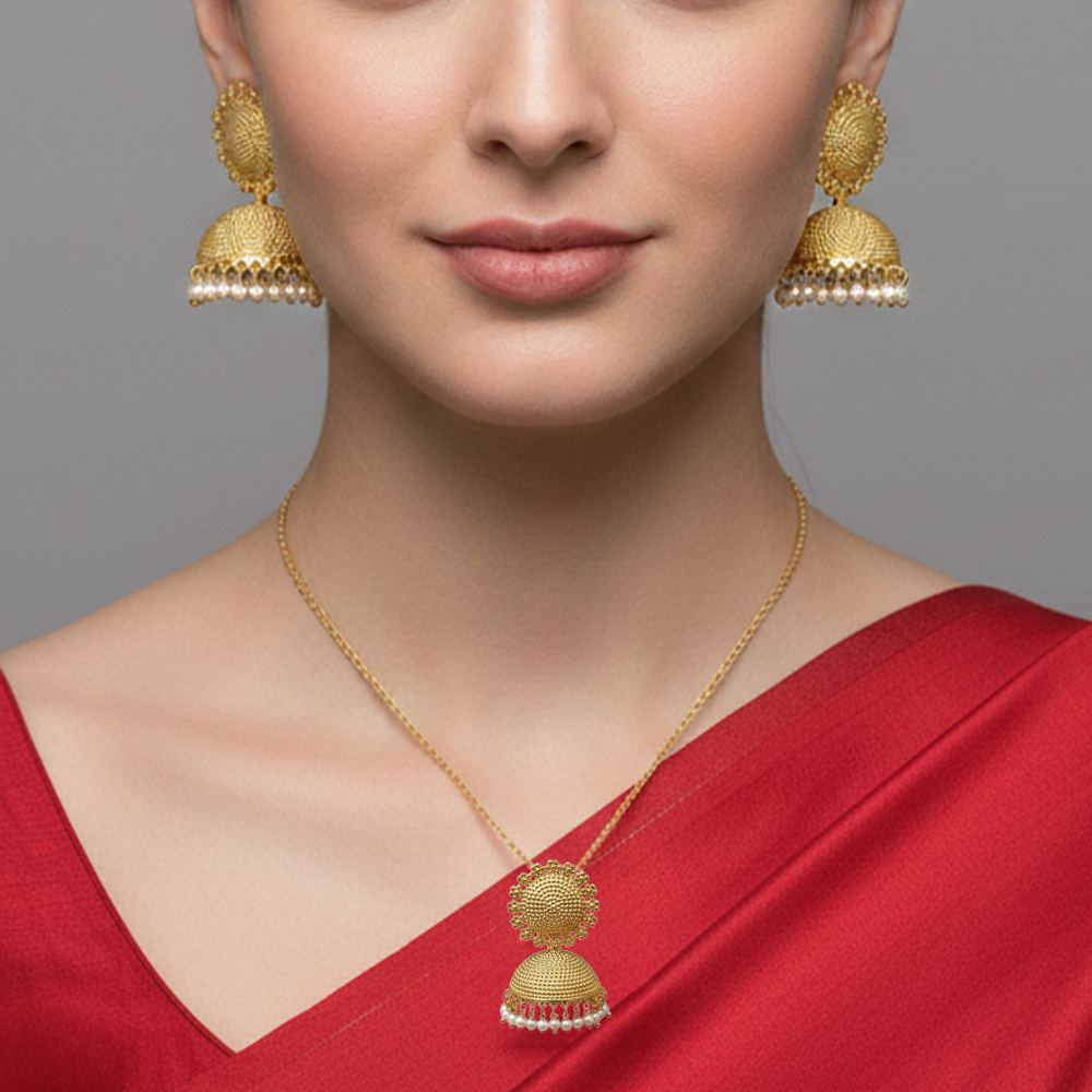 Jhumka Pendant Set with White Pearls Hangings