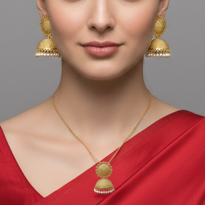 Jhumka Pendant Set with White Pearls Hangings