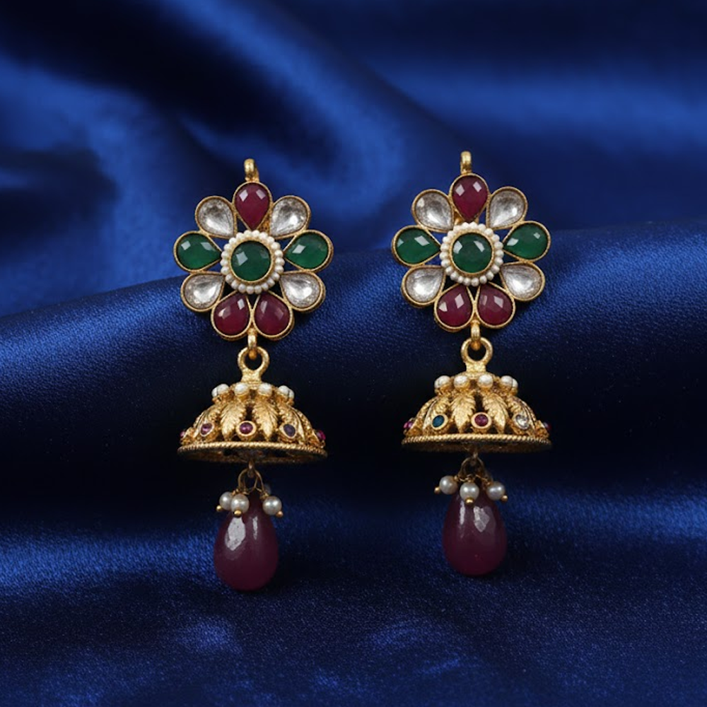 Red & Green with Kundan Stones Jhumka