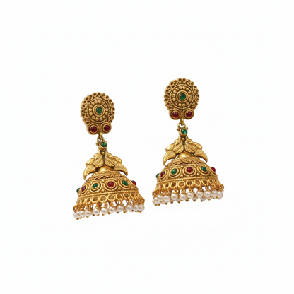 Gold Plated Jhumka With Red And Green Stone