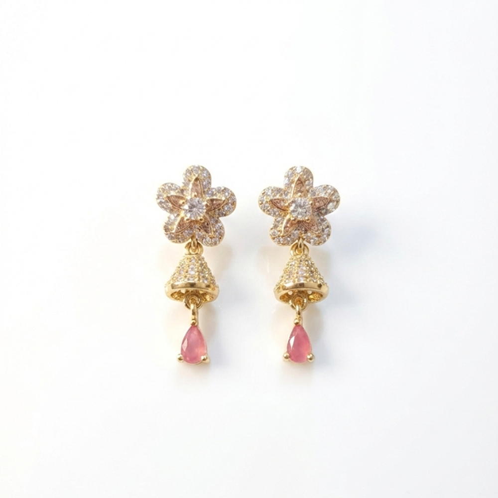 White Stone Flower Stud with Pink Jhumka