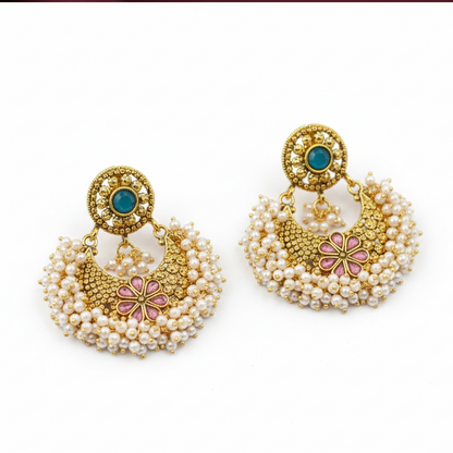 Hanging Pearls Red & Green Stones Chandbali