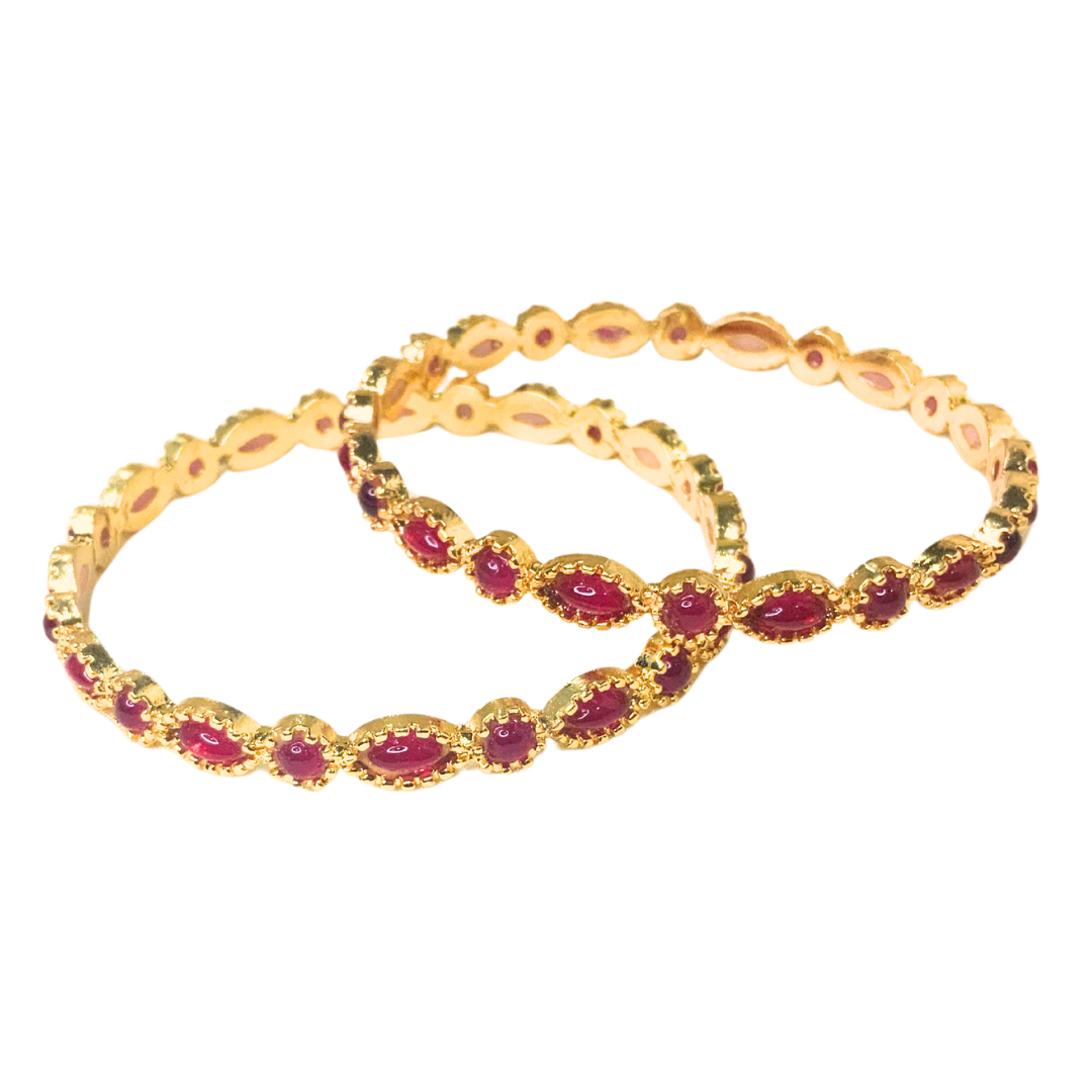 Gold Plated Kemp Bangles With Round Oval Red Stones