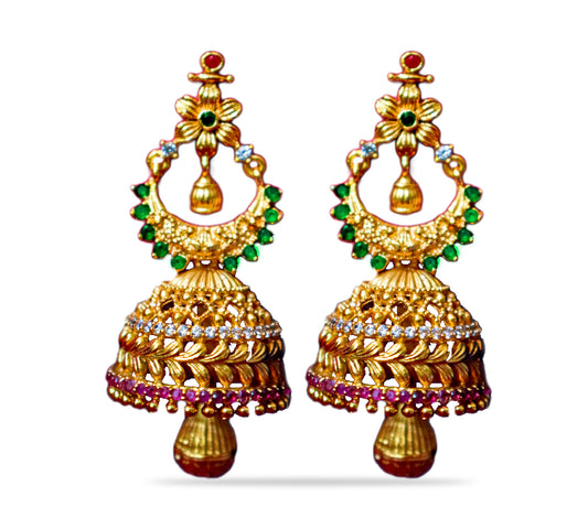Jhumkas with red green and white stone