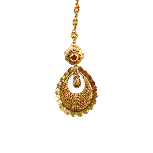 Gold plated maang tikka with oval flower red stone