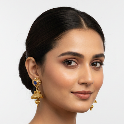 Blue Stone Gold Plated Jhumka with Hanging Beads