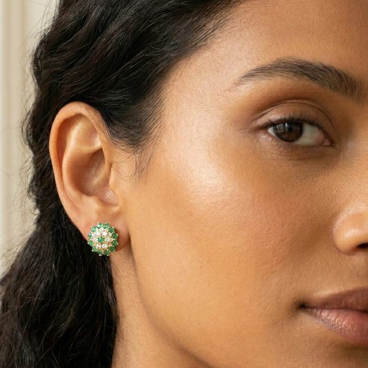 Green and White Stones Flower Pattern Studs