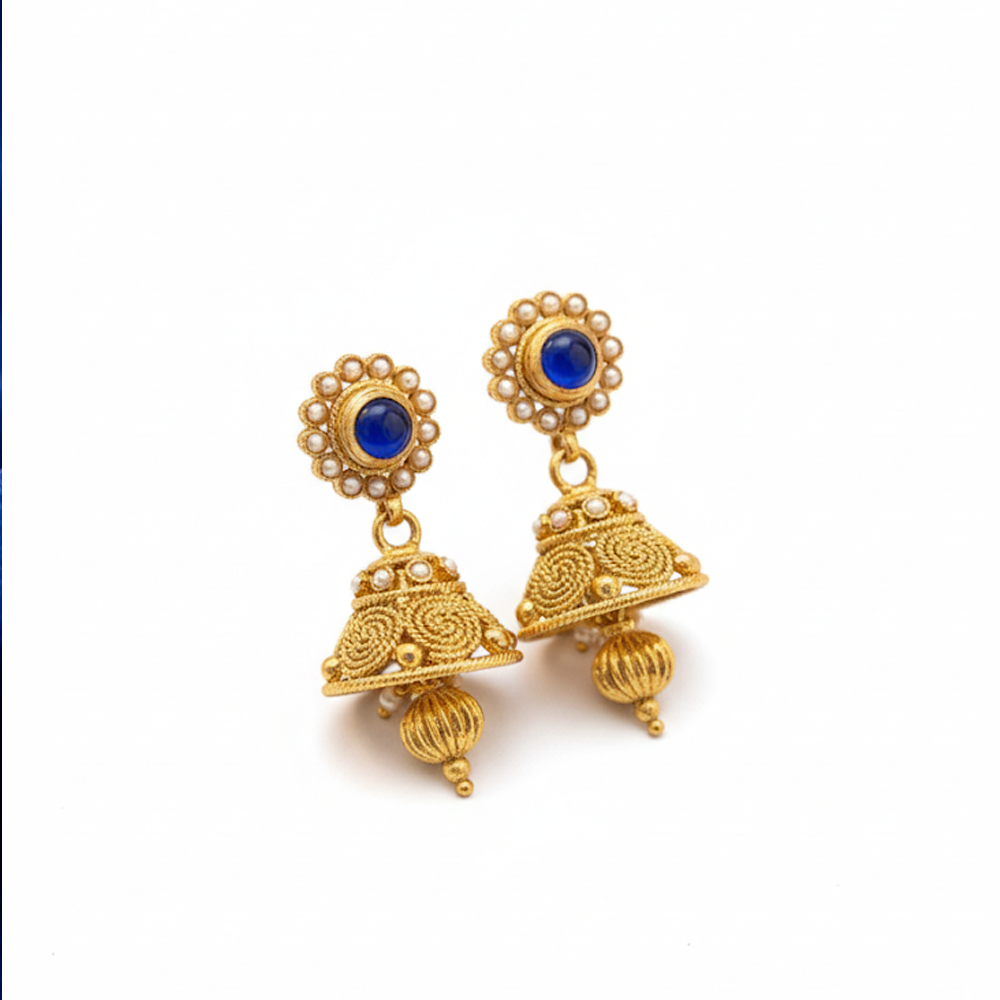 Blue Stone Gold Plated Jhumka with Hanging Beads