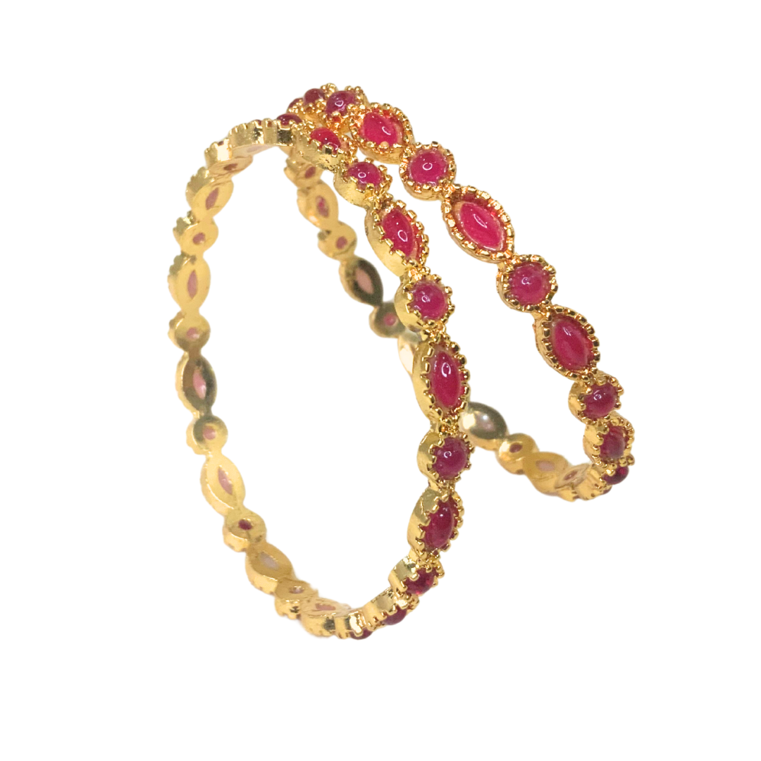 Gold Plated Kemp Bangles With Round Oval Red Stones