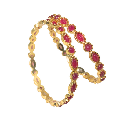 Gold Plated Kemp Bangles With Round Oval Red Stones
