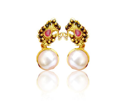 Peacock Earring with Green and Pink Pearls Studs