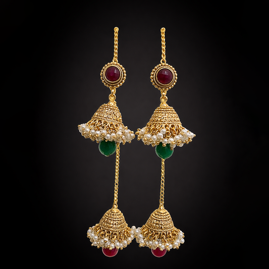 Double Jhumka Classic - Red Stone with Green Beads