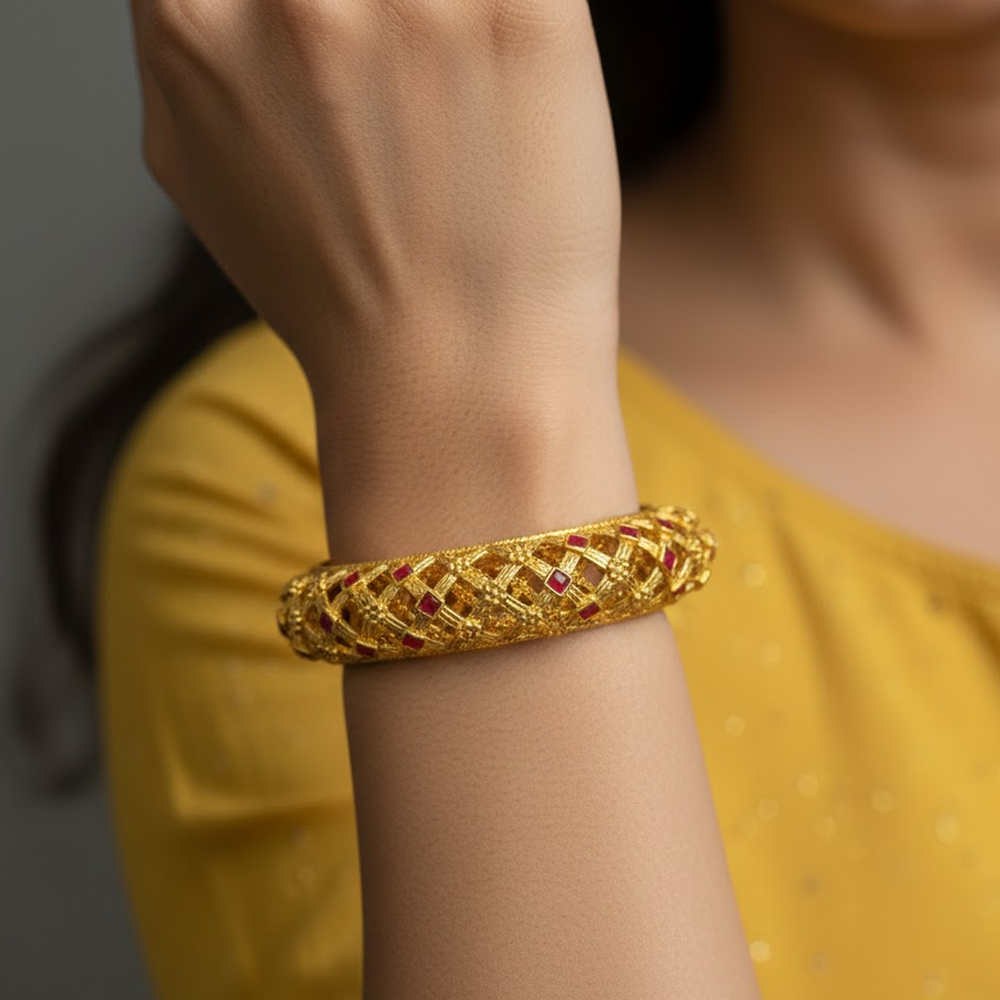 Gold Plated Net Pattern Bangles with Red Stones