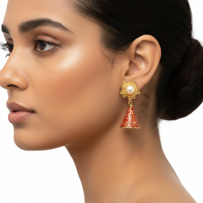 Gold Plated Sun Flower Design with White pearl Red Drop