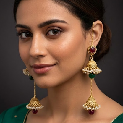 Double Jhumka Classic - Red Stone with Green Beads