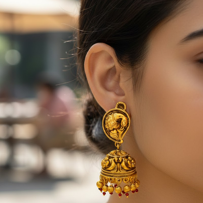 Gold Plated Jhumkas With Golden Peacock And Beads