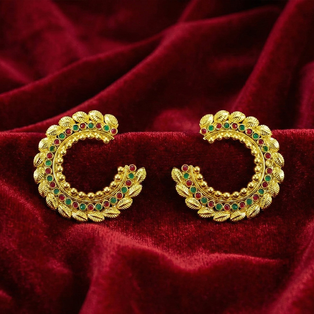 Round Leaf Design Studs with Red and Green Stones