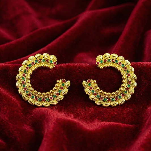Round Leaf Design Studs with Red and Green Stones
