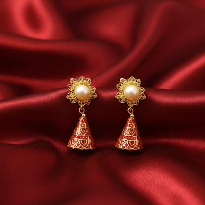 Gold Plated Sun Flower Design with White pearl Red Drop