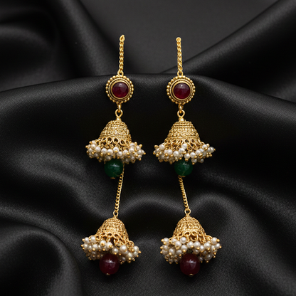 Double Jhumka Classic - Red Stone with Green Beads