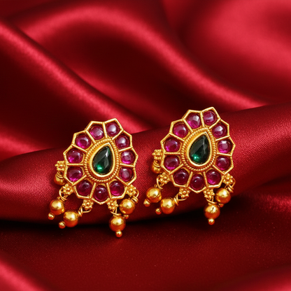 Red and Green Stones Hanging Balls Studs