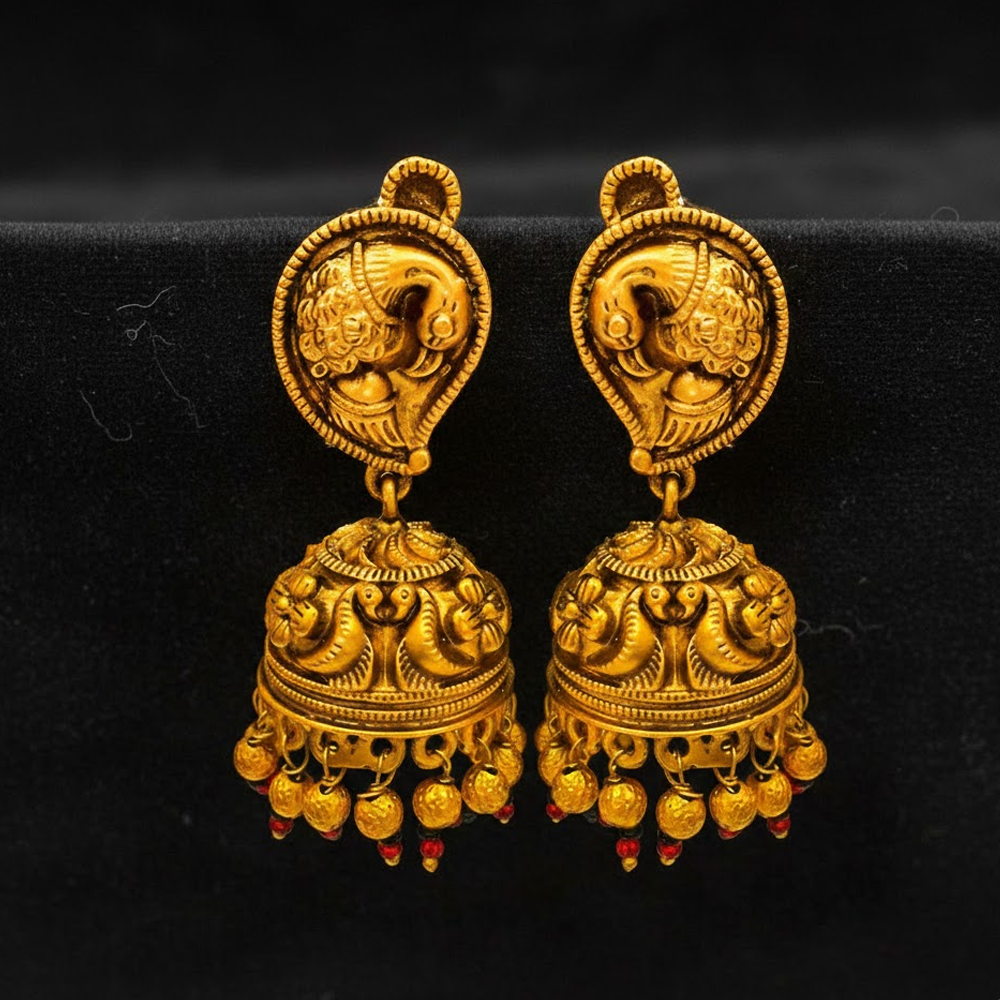 Gold Plated Jhumkas With Golden Peacock And Beads