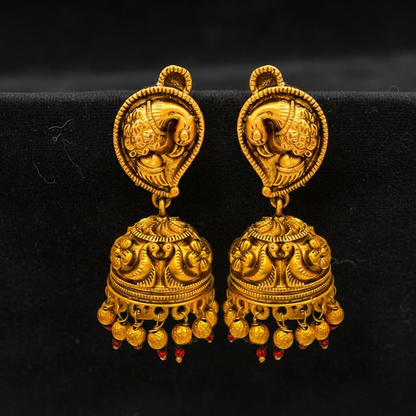 Gold Plated Jhumkas With Golden Peacock And Beads