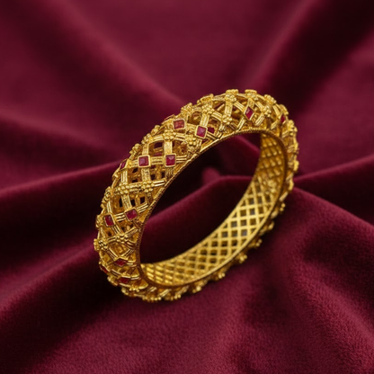 Gold Plated Net Pattern Bangles with Red Stones