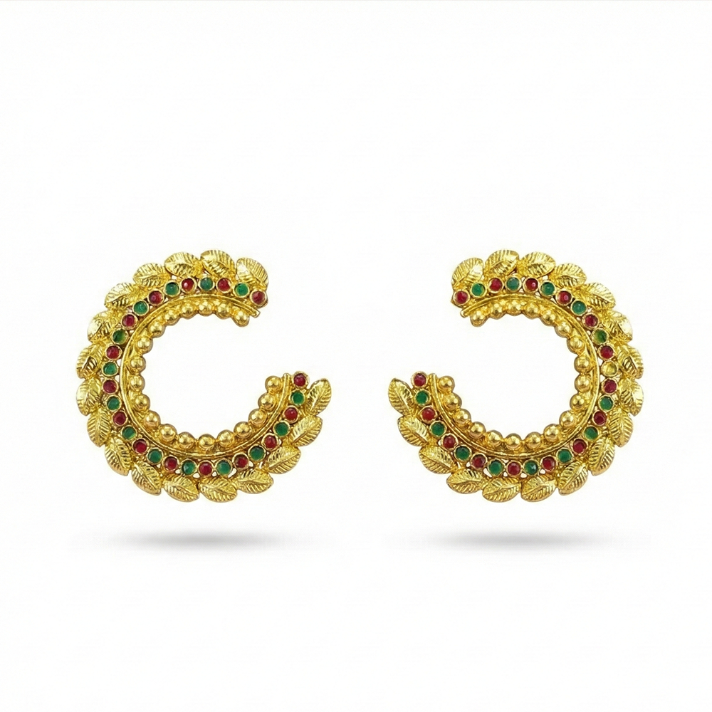 Round Leaf Design Studs with Red and Green Stones