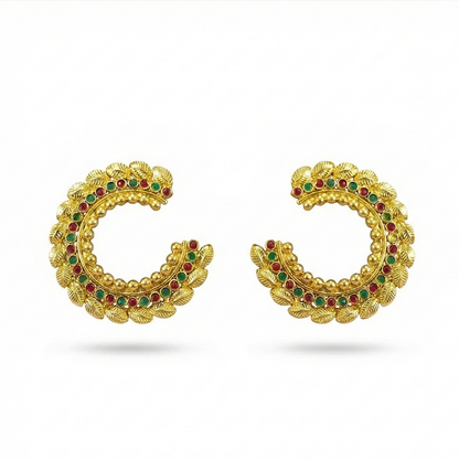 Round Leaf Design Studs with Red and Green Stones