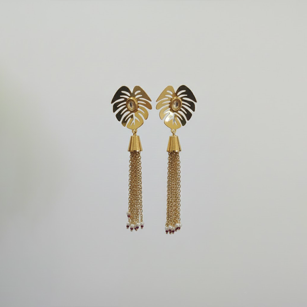 White Stones Leaf Pattern Hanging Chains Earrings