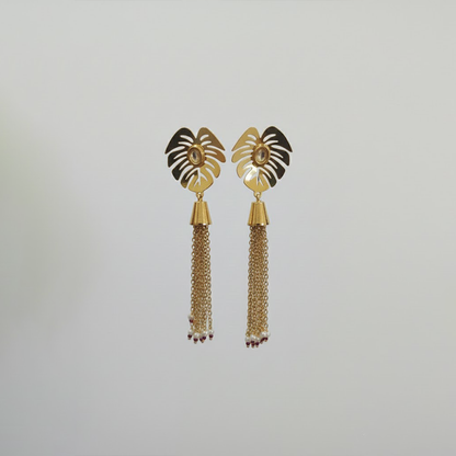 White Stones Leaf Pattern Hanging Chains Earrings