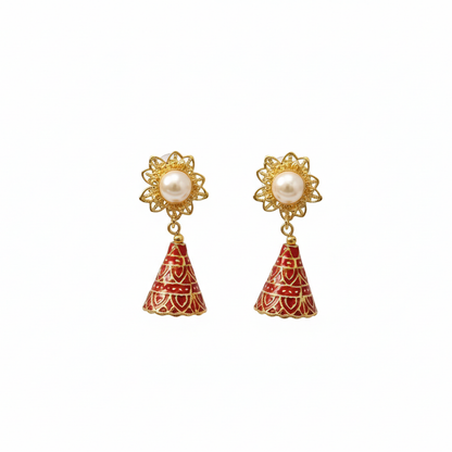 Gold Plated Sun Flower Design with White pearl Red Drop