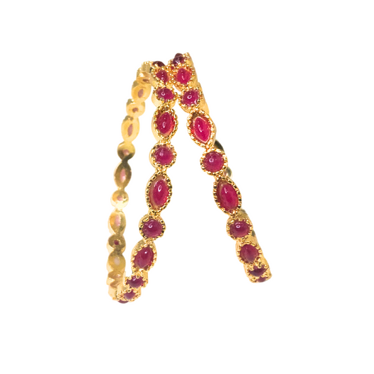 Gold Plated Kemp Bangles With Round Oval Red Stones