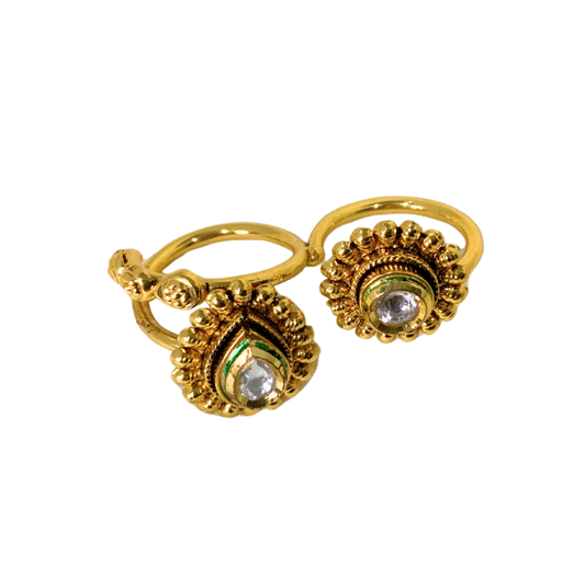 Gold plated two finger ring with white stones