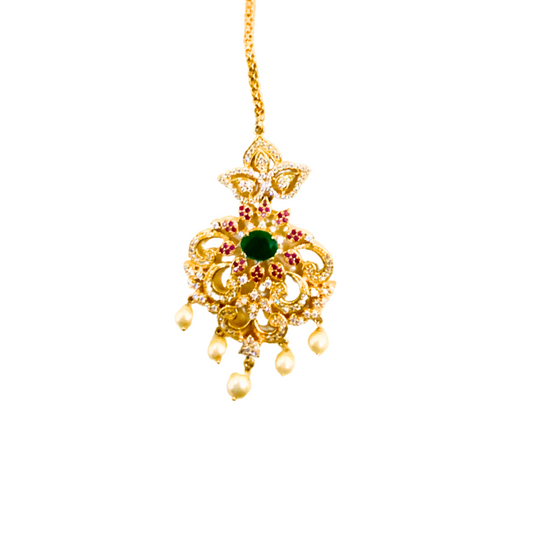 Gold plated maang tikka peacock with white stones and pearl