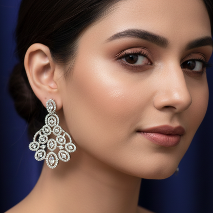 Silver Petal Pattern Chandbali With White Stones